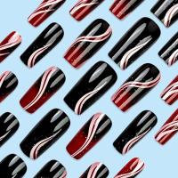 24 uñas largas de ballet UDS con pegamento de rayas rojas, degradación de brillo artístico, negro, editorial francesa, uña protésica acrílica - details 1