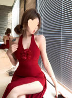 Vestido de alto estilo francés puro deseo picante Collar rojo colgante, ajuste delgado, efecto adelgazante, detachable con flores - details 8
