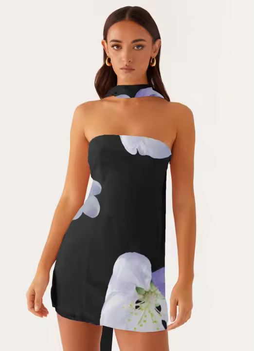 Maemukilabe Y2K Tube Diseño sin espalda y flores para mujer, minivestidos florales sin tirantes, vestido corto de verano con bufanda, - 1