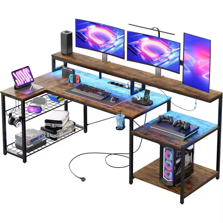 Mesa de Juegos con Luces LED 181cm, Escritorio para PC con 3 Tomas de CA y 2 Puertos de Carga USB - 1
