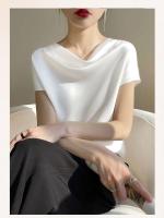 Camisetas de Seda para Mujer Cuello Redondo, Manga Corta, Color Sólido, Top Suelto, Jersey 5XL - details 1
