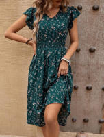 Vestido estampado de verano 2025, nuevo, elegante, para mujer, con cuello en V, lazo en la cintura y mangas con volantes. - details 12