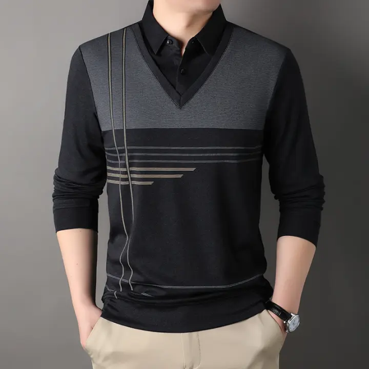 Camisetas Casuales de Hombre CASUMANL EU SIZE con Estampado a Rayas de Manga Larga para Primavera y Otoño Ropa de Negocios para Hombres - 1