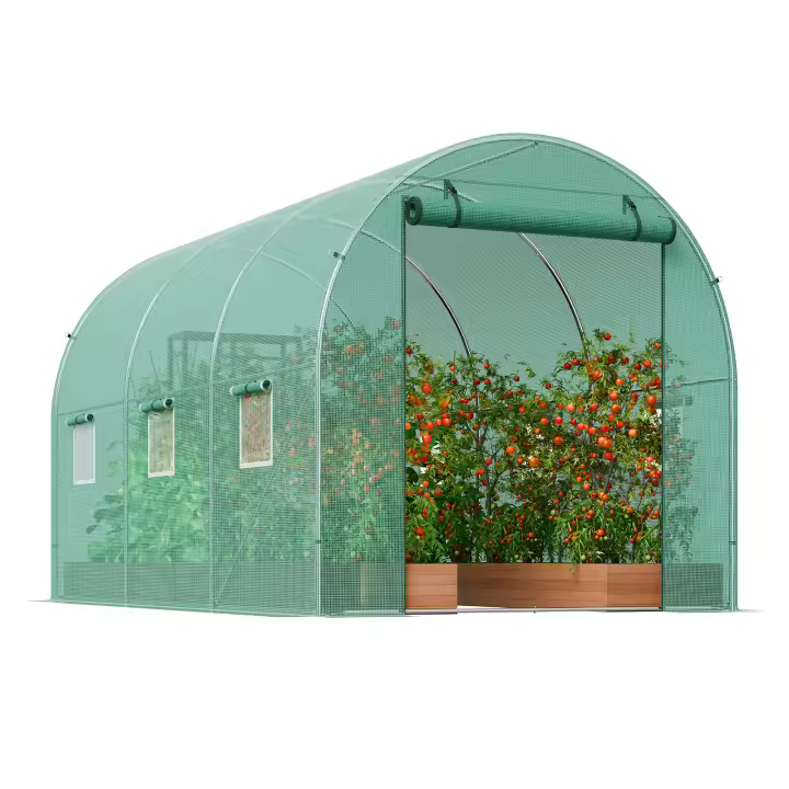 SucceBuy Invernadero de túnel con entrada, túnel de invernadero con casa de aro, casa caliente para plantas con marco de acero galvanizado, cubierta de PE verde, puerta enrollable con cremallera y 6 ventanas para exteriores - 1