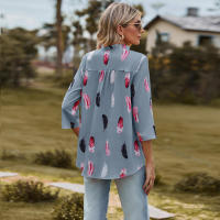 Camisa con estampado de plumas de tres cuartos y manga e para mujer, cuello en V, otoño, nueva - details 14
