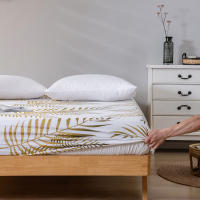 Sábana Bajera Ajustable de Poliéster Suave Patrón de Hojas Tropicales Oro Blanco Ideal para Cama - details 1