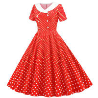 Polka dot print women a-line summer peter pan collar elegant vintage midi party dress - details 3