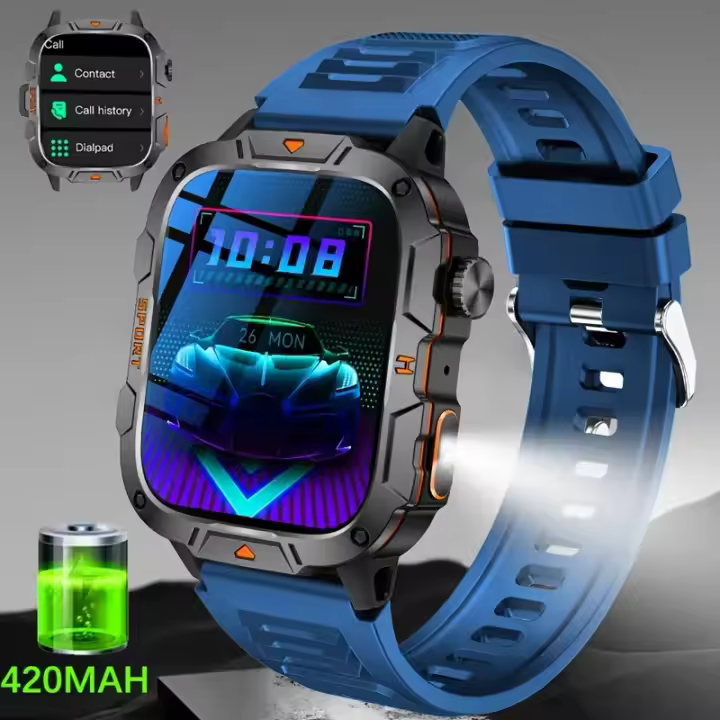 2025 Nuevo reloj inteligente militar para exteriores Pantalla AMOLED HD de 1,96 pulgadas, linterna LED, llamada Bluetooth, frecuencia cardíaca y presión arterial 100+ Modo deportivo Reloj inteligente resistente al agua - 1