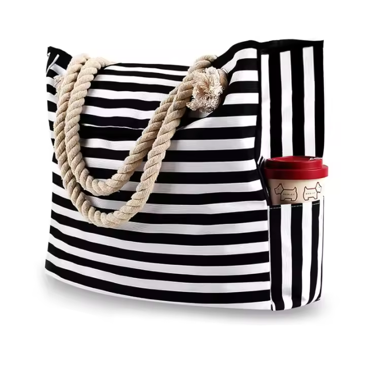 Bolso de hombro rayas mujer - lona gran capacidad. Ideal para compras, playa o estudiantes. ¡Estilo casual versátil - 1