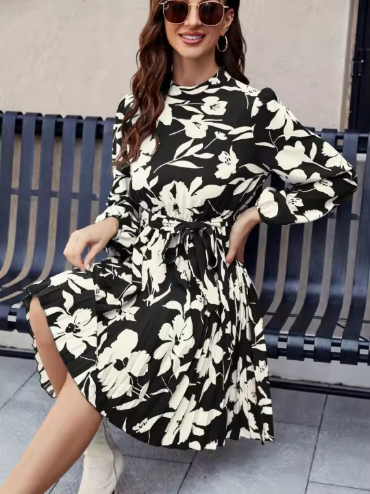 Vestido de Mujer con Mangas Largas y Cuello Medio Alto, Estilo Bohemio, Casual, Elegante, Liquidación, Grande - 1
