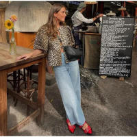 Elegante camisa delgada con tirantes huecas de leopardo para mujeres, blusa de manga corta o blusa de cuello - details 13