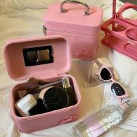 Bolsa de maquillaje de cuero PU con lazo rosa, caja de almacenamiento de productos para el cuidado de la piel con mango de aleación portátil, estuche de maquillaje de mano impermeable de gran capacidad - details 7