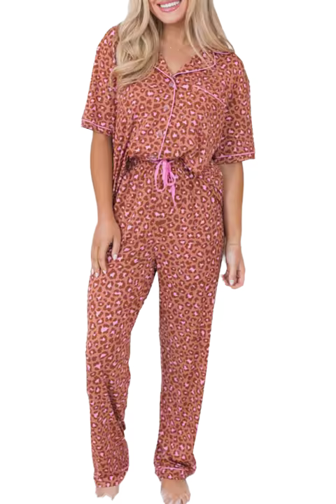 Elrachen Conjunto de pijama de manga corta con estampado de leopardo para mujer, marrón, tallas S-XL - 1