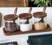 Tarro de condimentos de cocina, botella de vidrio para especias y pimienta, recipiente para refrigeración de alimentos, granos, azúcar, con tapa de madera, tarro de sal - details 0