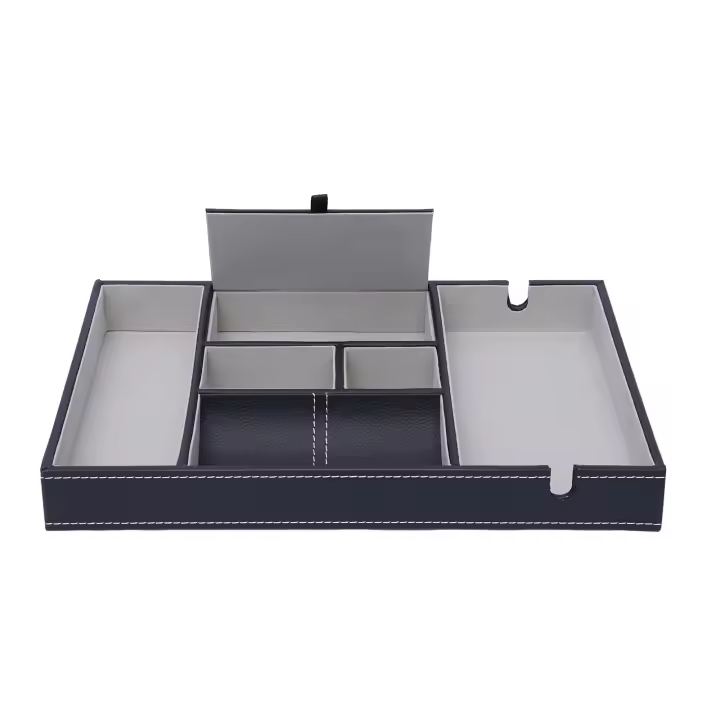 Caja de Almacenamiento de Cuero PU Negro con 6 Rejillas para Llaves y Cambios Caja de Exhibición de Joyería para Escritorio Recipiente de Almacenamiento Rectangular Removible y Plegable - 1