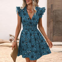 Vestido corto informal con estampado Floral para mujer, minivestido con manga con volantes, color azul mate S - details 6