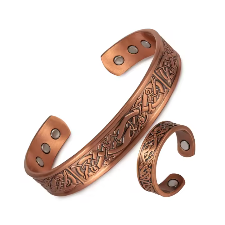 Conjunto de Joyería de Cobre Puro Pulsera Anillos Ajustables Vintage para Mujeres Hombres - 1