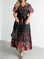 Vestido Largo De Verano Para Mujer plus Size Estilo Casual Con Estampado Floral Negro Y Manga Corta Vuelta En El Cuello A-Line - details 2