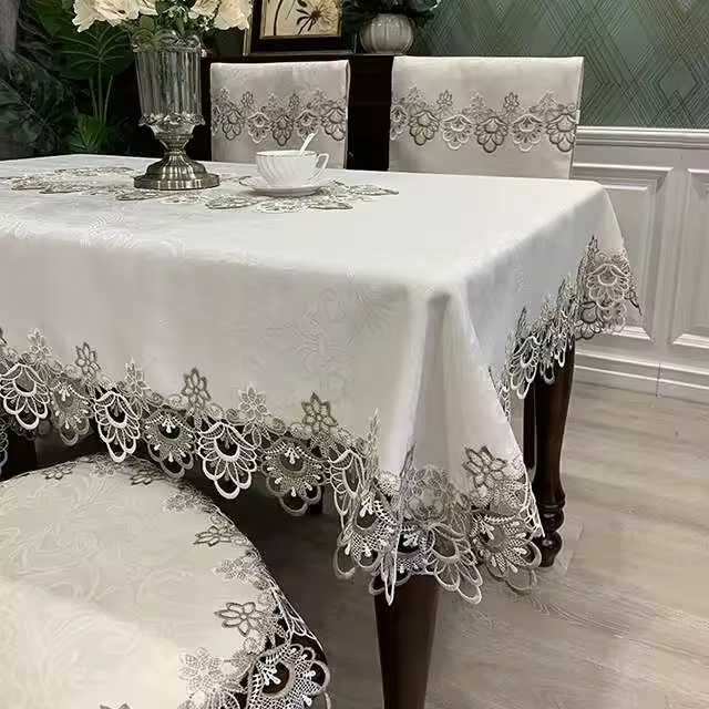 Mantel de mesa, funda rectangular europea, tela bordada circular, protector térmico para silla, juego de cojines ENCE - 1