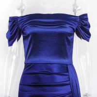 Vestido de dama de honor plisado de satén elástico, hombros descubiertos, vestido de noche formal, apertura frontal, hasta el suelo - details 14