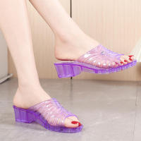 Zapatillas de cuña antideslizantes, zapatillas gruesas de nácar con gelatina de cristal de plástico, tacón medio transparente, ideales para - details 2