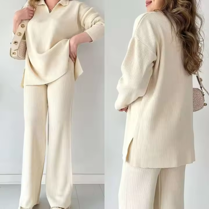 Comerciante de prendas de punto, conjunto de 2 piezas de poliéster y algodón de invierno, 2025, combinado con un conjunto de pantalones y suéter de punto para mujer - 1