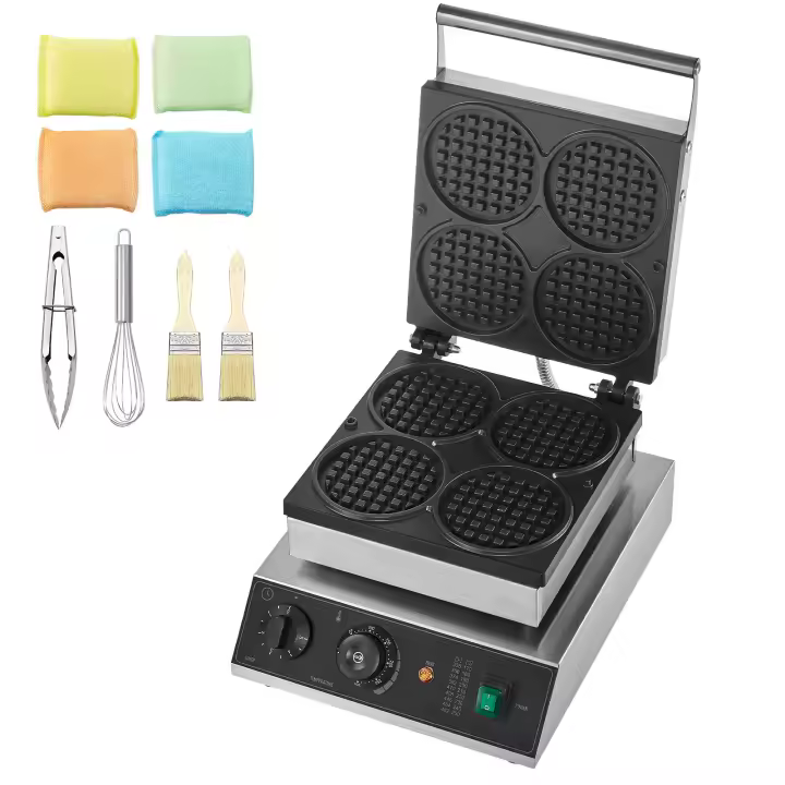 SucceBuy Máquina para hacer gofres comercial, 4 piezas redondas, acero inoxidable antiadherente de 1750 W, control de temperatura y tiempo - 1