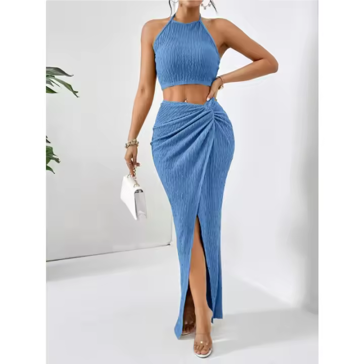 2025 nueva ropa de mujer, traje de mujer, chaleco + falda larga, slim, cadera, giro, verde - 1