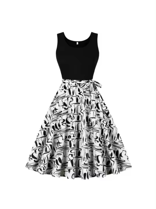 Verano nuevo retro mujer chaleco cuello sin mangas negro hechizo impresión péndulo mono. - 1