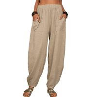 Pantalones de lino y algodón para mujer, calzas delgadas con bolsillos, estilo bohemio Vintage, informales, de cintura alta, bombachos, Verano - details 0