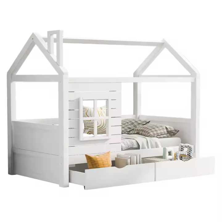 Cama de Madera para Niños Versátil, Anticaída, Ventana de Protección, Somier de Láminas, Blanco - 1