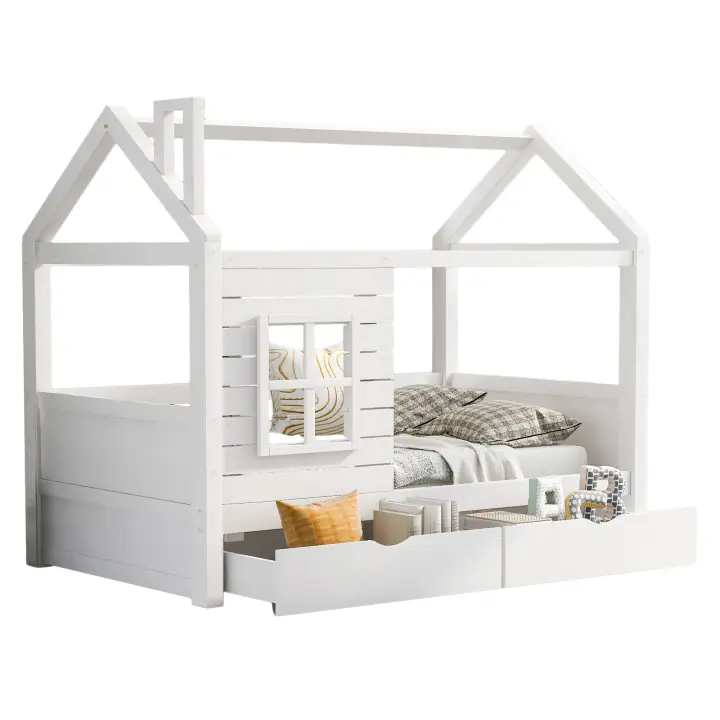 Cama de Madera para Niños Versátil, Anticaída, Ventana de Protección, Somier de Láminas, Blanco - 1
