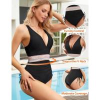 con control de barriga para mujer Traje de baño modesto adelgazante de una pieza con cordón de bloque de color - details 3