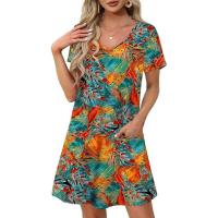 Vestido casual con bolsillo y manga corta estampada con escote en V - details 13
