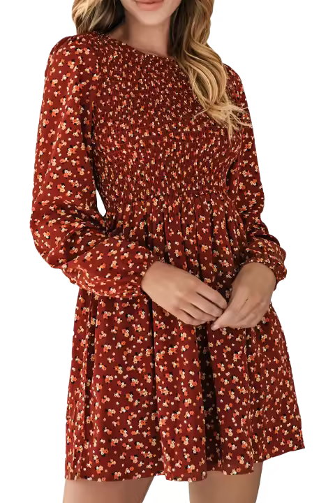 Elrachen Mini vestido floral con corpiño fruncido para mujer, marrón, tallas S-XL - 1
