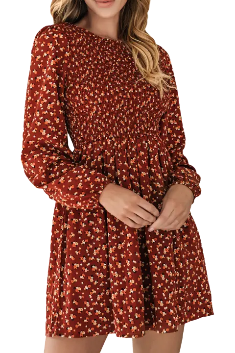 Elrachen Mini vestido floral con corpiño fruncido para mujer, marrón, tallas S-XL - 1