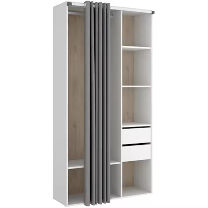 Armario con dos cajones, reverso trasero y cortina - BLANCO / NATURAL - 205 x 98 x 53 - 1