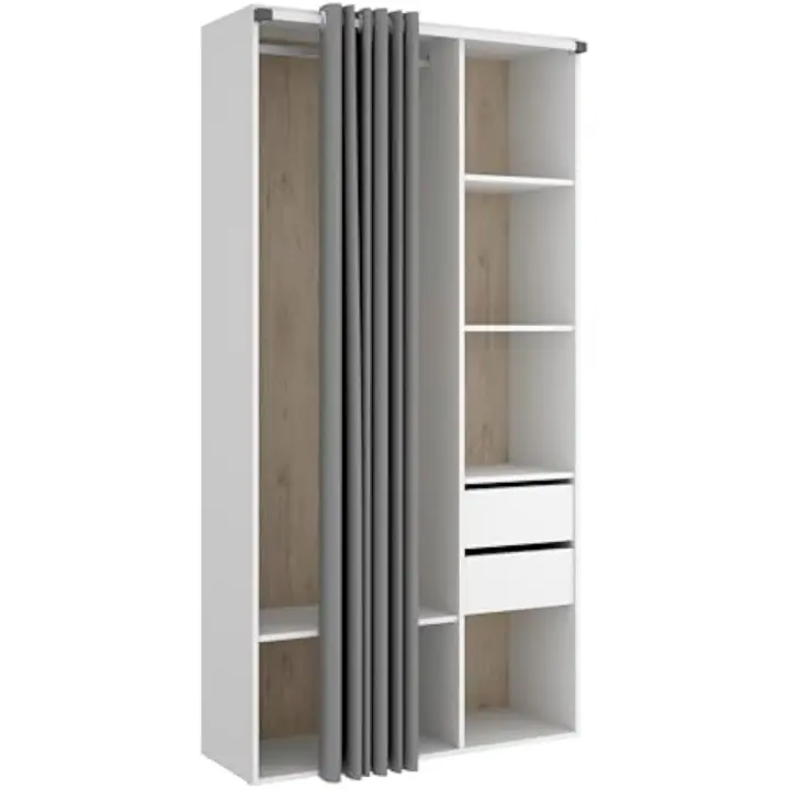 Armario con dos cajones, reverso trasero y cortina - BLANCO / NATURAL - 205 x 98 x 53 - 1
