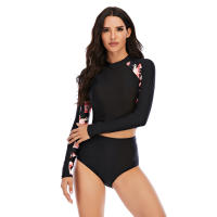 Conjunto de tankini corto de manga larga con estampado floral, cintura alta, corte alto y cuello alto, traje de surf y buceo con - details 2
