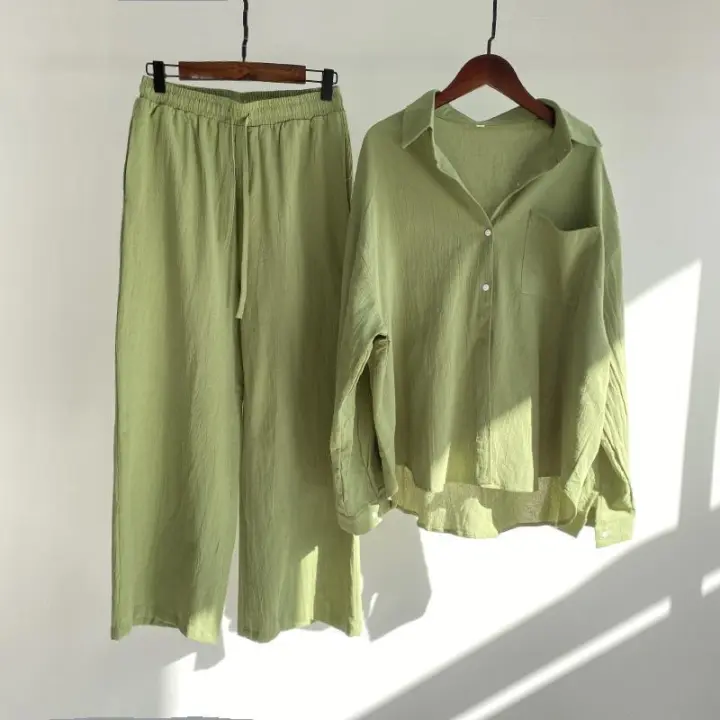 2025 Conjunto de camisa retro de dos piezas para mujer, pantalones sueltos de cintura alta, talla grande, - 1