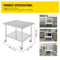 SucceBuy Mesa de trabajo de acero inoxidable 24 x 18 x 34 pulgadas Capacidad de carga de 700 libras 4 ruedas 3 niveles de altura ajustables Mesa de trabajo de preparación de alimentos resistente Cocina comercial Restaurante Plata - details 2