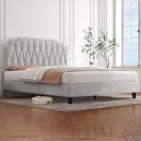 Tapizado en terciopelo Cama de matrimonio con cabecera ajustable en altura Marco de cama Soporte con listones de madera 160 × 200 cm Beige - details 18