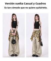 Pantalones casuales para mujeres, diseño de dobladillo a cuadros de otoño, pantalones sueltos de pierna recta - details 3