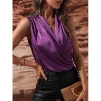 Blusa de satén sin mangas para primavera y verano para mujer, camiseta sin mangas fruncida, nueva camisa Sexy - details 21