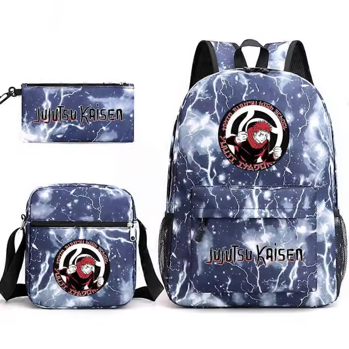 Mochila escolar Jujutsu Kaisen para niños y niñas, bolsa de lápices para el campus, mochila de lona de tres piezas, azul relámpago ~ 6 - 1