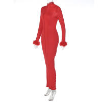 Vestido largo rojo de retazos de piel para mujer, ropa de calle ajustada con manga, artículos al por mayor para negocios, otoño 2024 - details 7