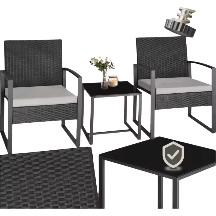 Jardín Exterior para 2 Personas, Muebles de Jardín 2 Sillas Ratán con Cojines y Mesa Terraza con Tablero Vidrio de Seguridad, Fundas Extraíbles, Robusto y Resistente a la Intemperie - 1