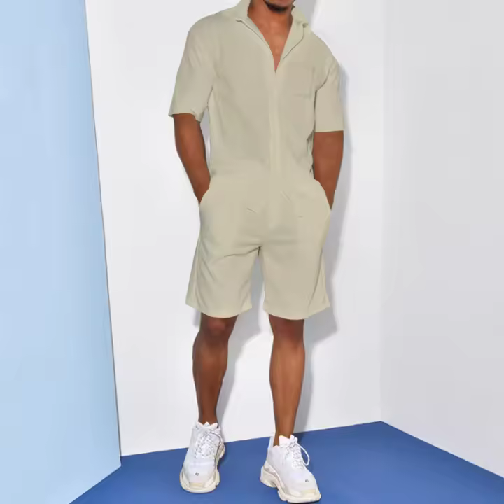 Conjunto casual de dos piezas para hombre, camisa de manga corta con cuello vuelto y pantalones cortos, verano 2025 - 1