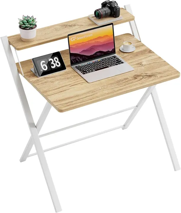 Escritorio Plegable con Estante para Monitor, Escritorio de Oficina de Tamaño Pequeño sin Montaje, Escritorio Pequeño para Espacio Pequeño, Marrón - 1