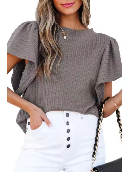 Elrachen Top de mujer con mangas onduladas texturizadas, granizo, tallas S-XL - 1